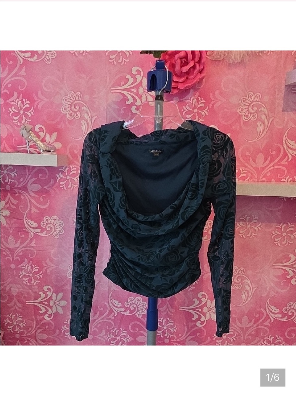 wild fable Teal-Black Floral Velvet Drape-Neck Long Sleeve Top